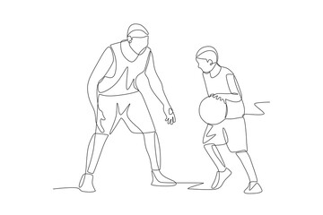 Father and son playing basketball. Dad and kid excercise concept one-line drawing