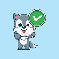 Cute wolf cartoon vector illustration with correct sign