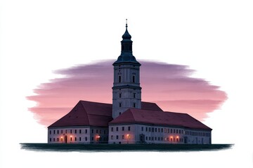 Naklejka premium Captivating architectural silhouette of a historic building against a vibrant sunset backdrop showcasing detailed spires and warm lights highlighting the essence of historical elegance