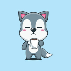 Cute wolf cartoon vector illustration is tired and sleepy holding coffee