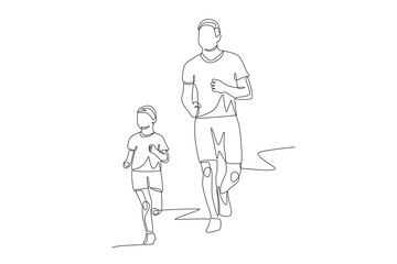 Father and son jogging. Dad and kid excercise concept one-line drawing