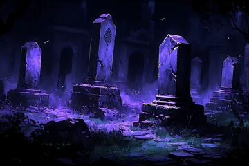 Eerie graveyard bathed in violet light