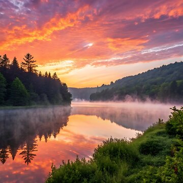 sunset over the lake lendscape, nature, sunrise, sun, river, clouds, reflection, morning, tree,