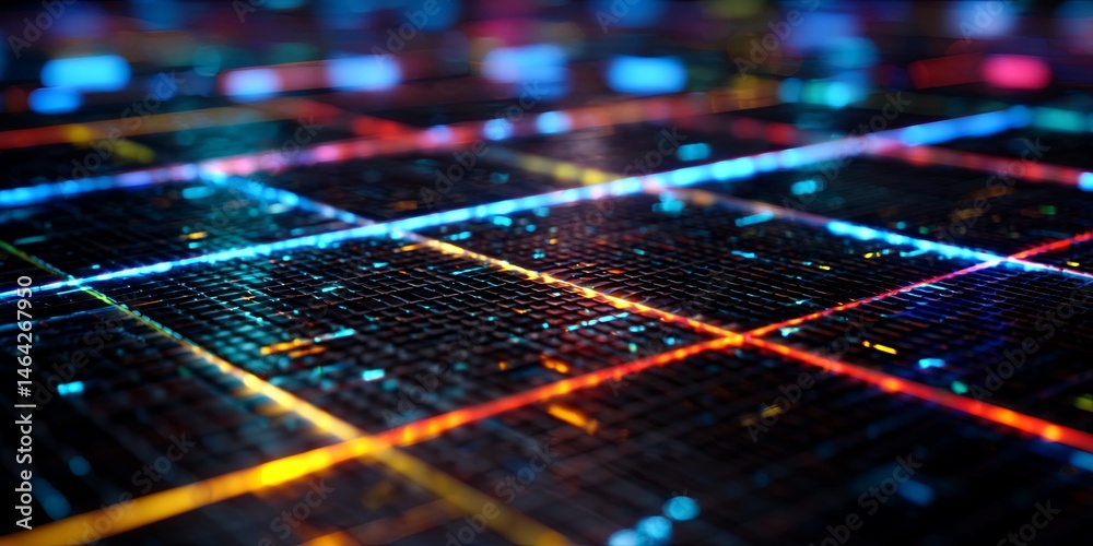 Poster Futuristic Digital Abstract Background with Colorful Grid Pattern and LED Light Effects for Technology and Innovation Themes