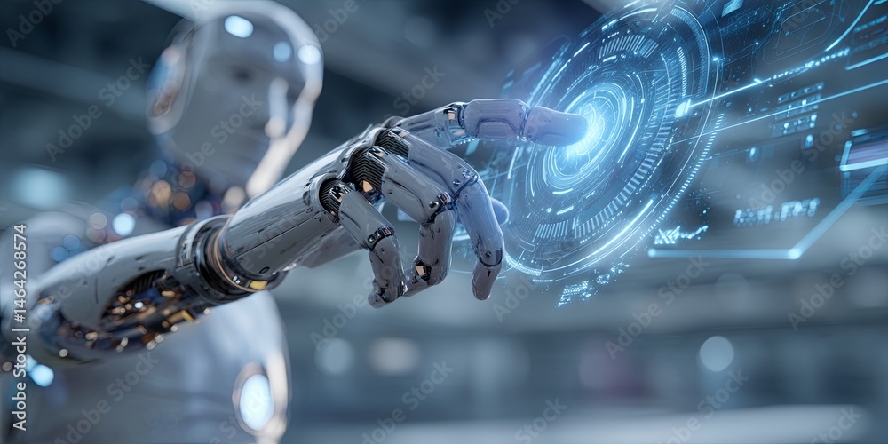 Aufkleber Futuristic Robot Interacting with Holographic Data Interface in Digital Environment, Advanced Technologies and Artificial Intelligence Concept