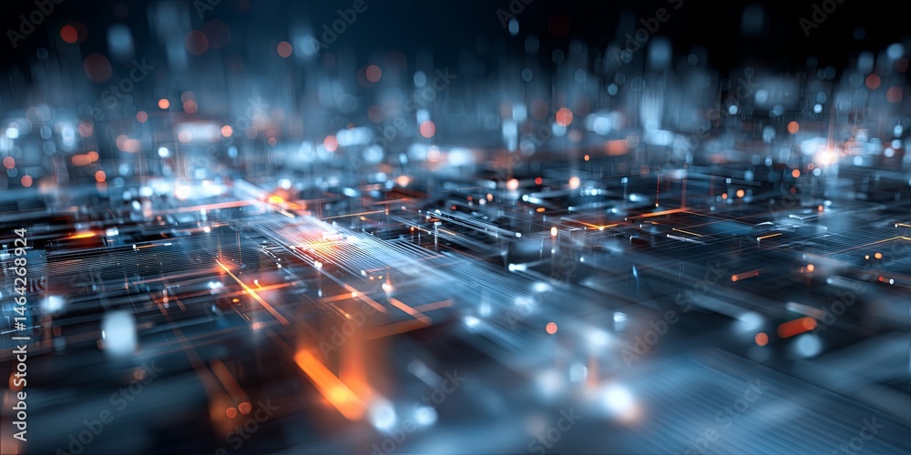 Fototapete Abstract futuristic digital landscape with interconnected circuits and geometric shapes representing advanced technology and data communication in cyberspace