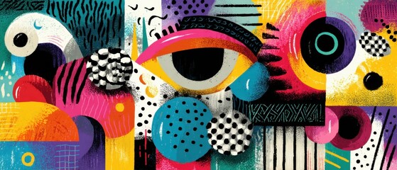Vibrant abstract eye illustration with geometric shapes and bold colors in a modern art style, creating a playful and dynamic visual