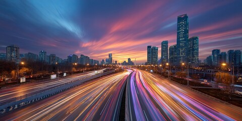 Fototapeta premium Captivating Cityscape with Colorful Light Trails Above Urban Skyline at Sunset with Dramatic Sky and Clouds in Twilight Atmosphere