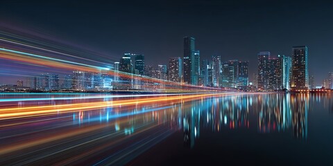 Fototapeta premium Stunning Cityscape at Twilight with Bright Light Trails Skimming Over Urban Skyline and Reflecting in Water Below in Vibrant Colors