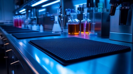 Sleek and Sterile, A Laboratory Workbench Illuminated by Neon Lights