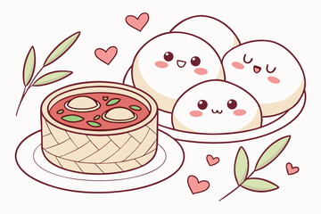 38 Cute kawaii bread rolls with faces, smiling bao buns, bowl of soup, pastel colors, white plate, pink hearts, green leaves, adorable food illustration, chibi style, soft lighting, 3D render, digital