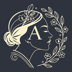 Floral Monogram Letter Y and A with Feminine Profile – Elegant Botanical Line Art Design.