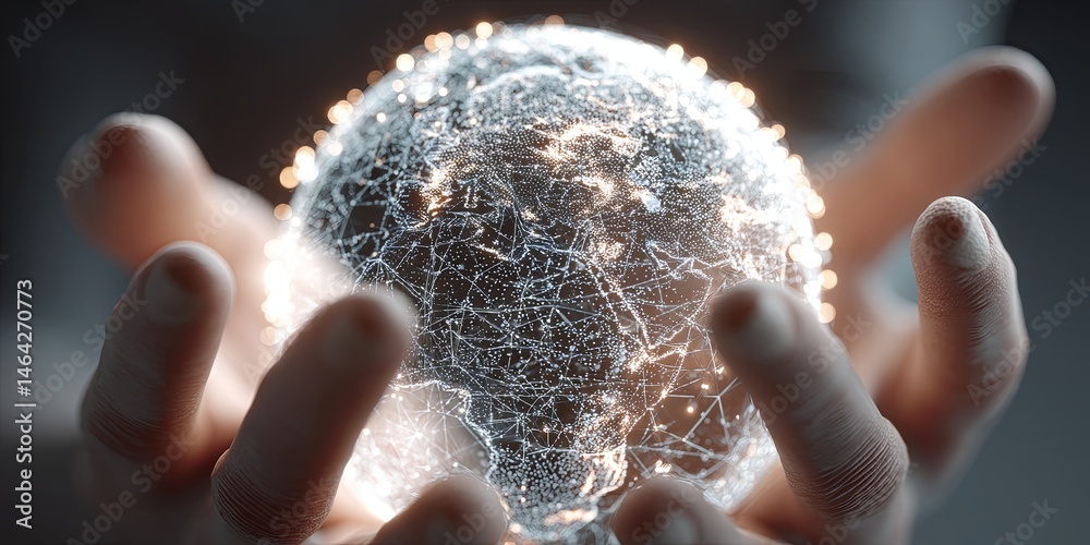 Poster connecting digital dots: concept of network, technology, and future innovation represented by hands 
