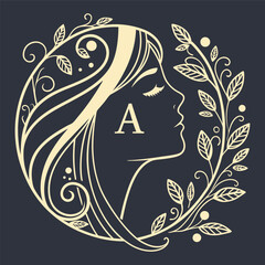 Floral Monogram Letter Y and A with Feminine Profile – Elegant Botanical Line Art Design.