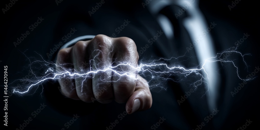 Poster dynamic businessman exuding energy with electric lightning effects in a creative concept featuring b