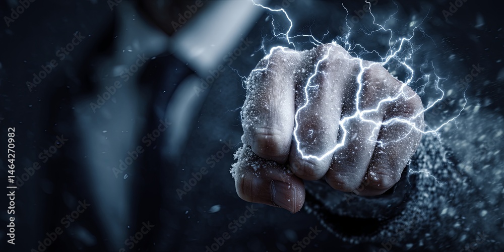 Poster dynamic businessman exuding energy with electric lightning effects in a creative concept featuring b