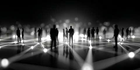 Fototapeta premium Silhouettes of Diverse People Connected by a Web of Light Representing Networking, Community, Collaboration, and Social Interaction in Digital Age