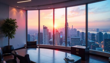 Obraz premium Large windows, panoramic city view from office, design, panoramic