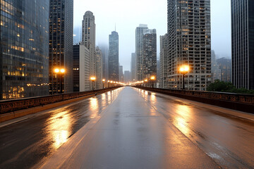 Fototapeta premium Empty city street engulfed in mist with dim lights creating a mysterious and chaotic atmosphere