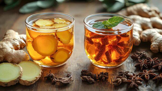 Two glasses of hot herbal tea infused with fresh ginger and dried herbs. A cozy, aromatic setting featuring whole ginger roots and star anise spices on a rustic wooden surface