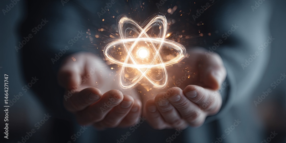 Aufkleber hands releasing a glowing atom symbolizing energy, science, and innovation against a dark background