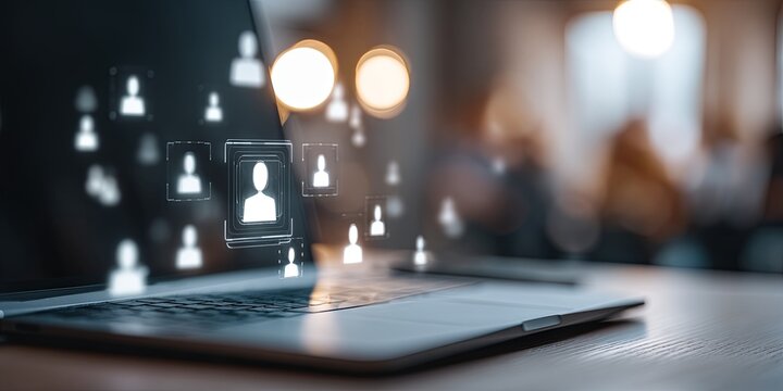 Engaging Online Learning Experience with Virtual Icons and Laptop, Showcasing Innovative Educational Technology in a Modern Workspace