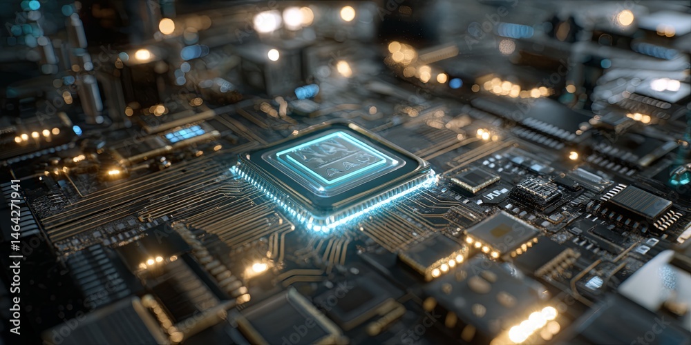 Poster Futuristic Circuit Board with AI Chip Surrounded by Glowing Connections and Electronic Components in a Dark Environment