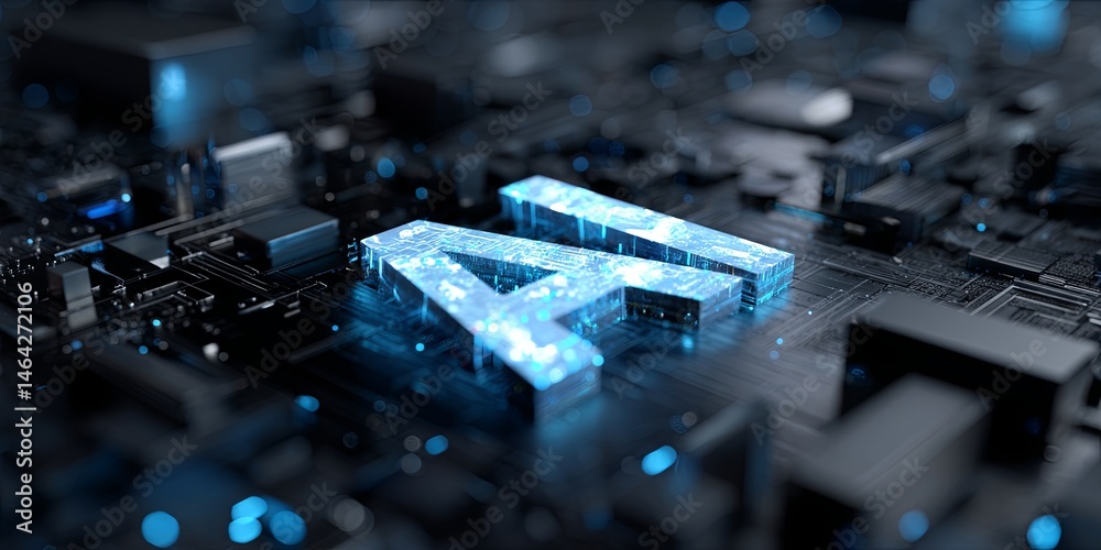 Poster Futuristic blue illuminated AI letters on an intricate microchip background showcasing technology and innovation in artificial intelligence
