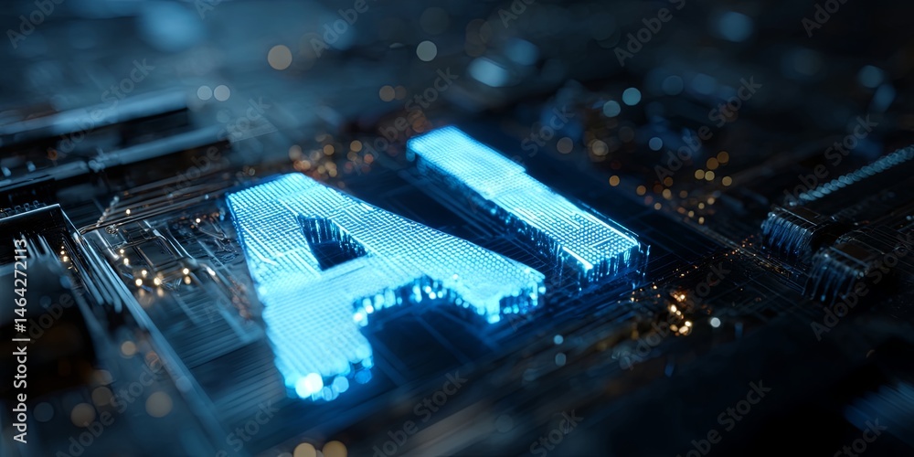 Poster Futuristic blue illuminated AI letters on an intricate microchip background showcasing technology and innovation in artificial intelligence