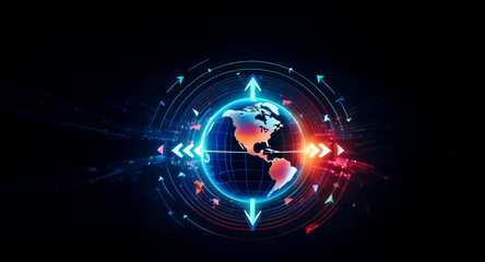 A glowing digital Earth encircled by arrows and energy streams, symbolizing global connectivity and technological advancement. Hints of red and blue energy create a powerful visual.