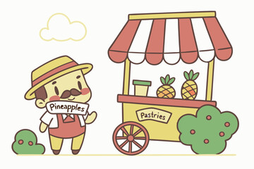39 Cute cartoon street food vendor, colorful wheeled cart, pineapples, pastries, awning, straw hat, mustache, apron, cheerful expression, vibrant colors, illustrated style, street market scene, food s