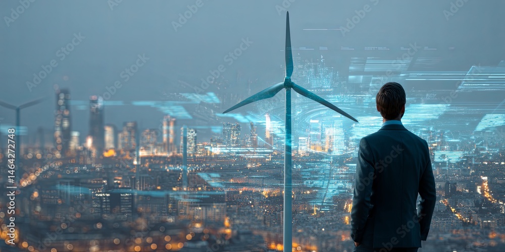 Poster Urban Engineer Overlooking Cityscape at Dusk with Digital Wind Turbine Icons and Data Visualization Elements Representing Renewable Energy