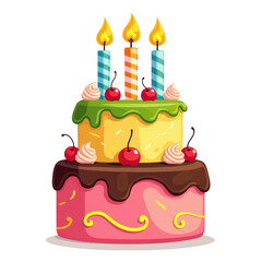 Colorful Tiered Birthday Cake with Chocolate Glaze, Cherries, Frosting Swirls and Three Lit Candles