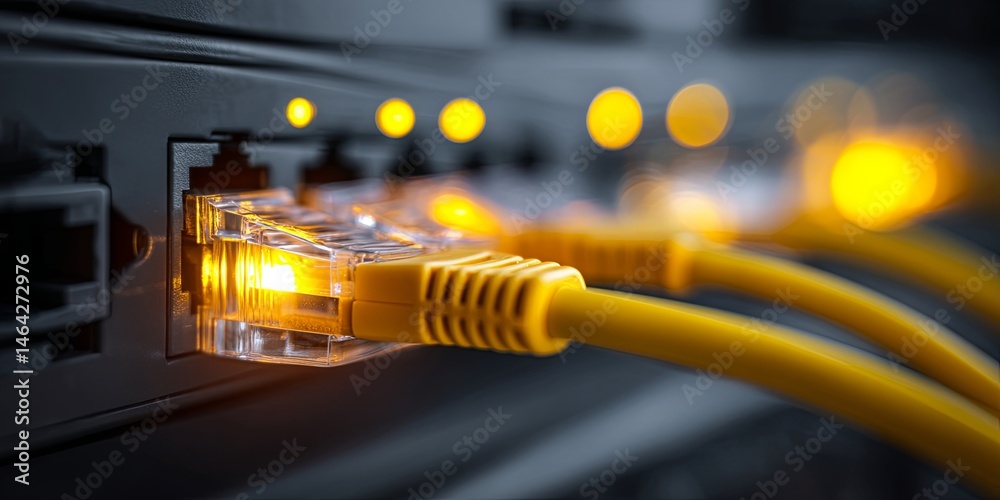 Poster Close-Up View of Yellow Ethernet Cable Connected to Router Port for High-Speed Internet Access and Networking Solutions in Modern Technology
