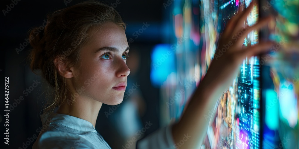 Poster young woman interacting with futuristic digital display, exploring technology innovation in modern s