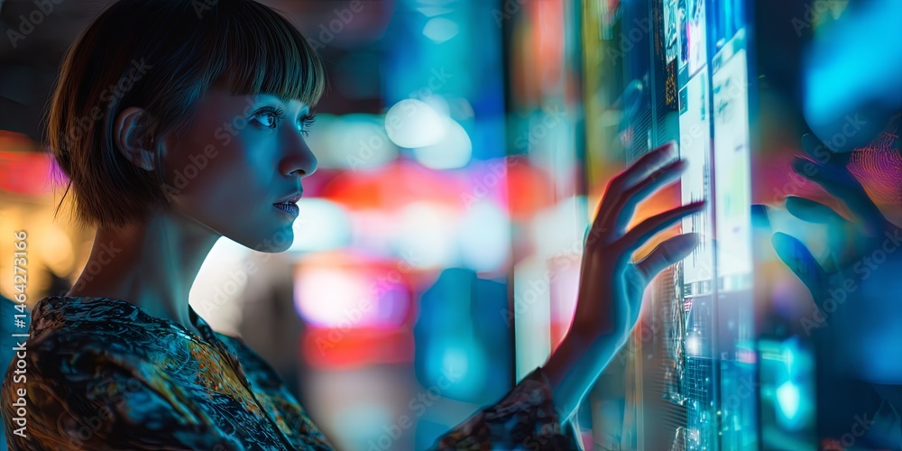 Poster young woman interacting with futuristic digital display, exploring technology innovation in modern s