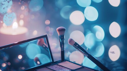 Cosmetic Palette And Brushes With Bokeh Lights Glamorous Photo Background