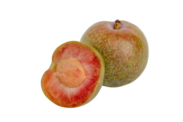 red plum fruit, cut in half, isolated on white background
