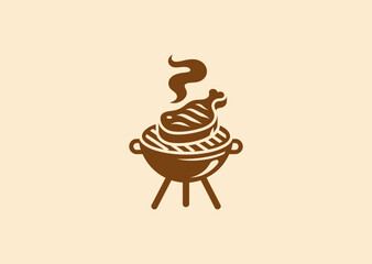 Grilled meat logo with smoke for BBQ, restaurant, or food branding.
