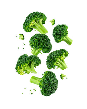 Falling broccoli florets top view isolated on transparent background
