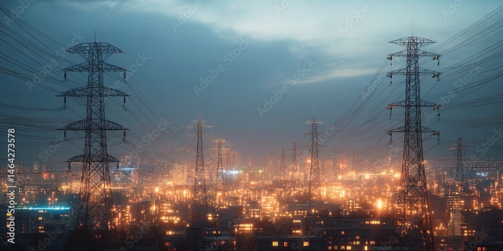 Poster futuristic power grid with high voltage transmission lines and bright lights in a vibrant urban land