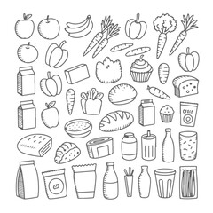 Set of grocery themed doodle on white background. Hand drawn abstract doodle isolated on white background.