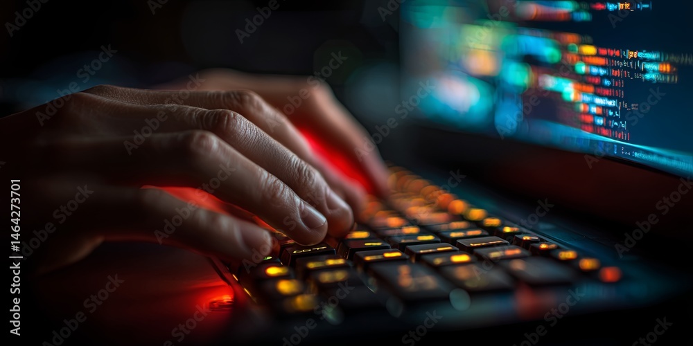 Fototapete Hands of a Programmer Typing Code on a Backlit Keyboard with Colorful Lights Displaying Lines of Programming Language on a Computer Monitor in a Dimly Lit Room