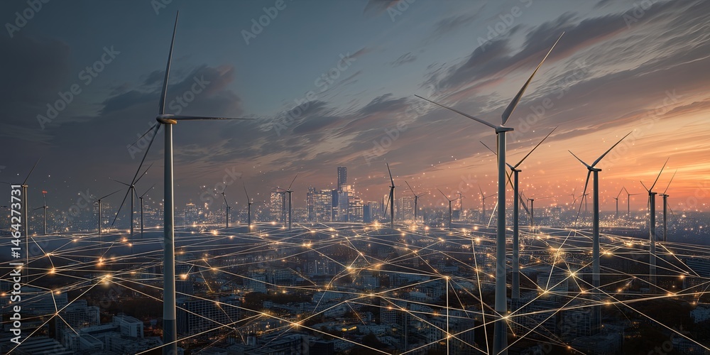 Poster futuristic energy landscape featuring wind turbines and solar panels with networking technology in a