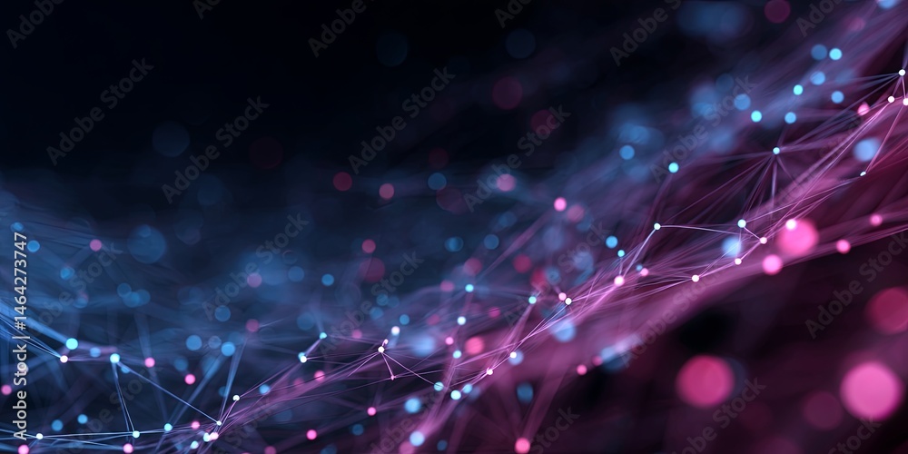 Poster abstract digital network connections with glowing nodes and flowing lines in blue and pink colors fo