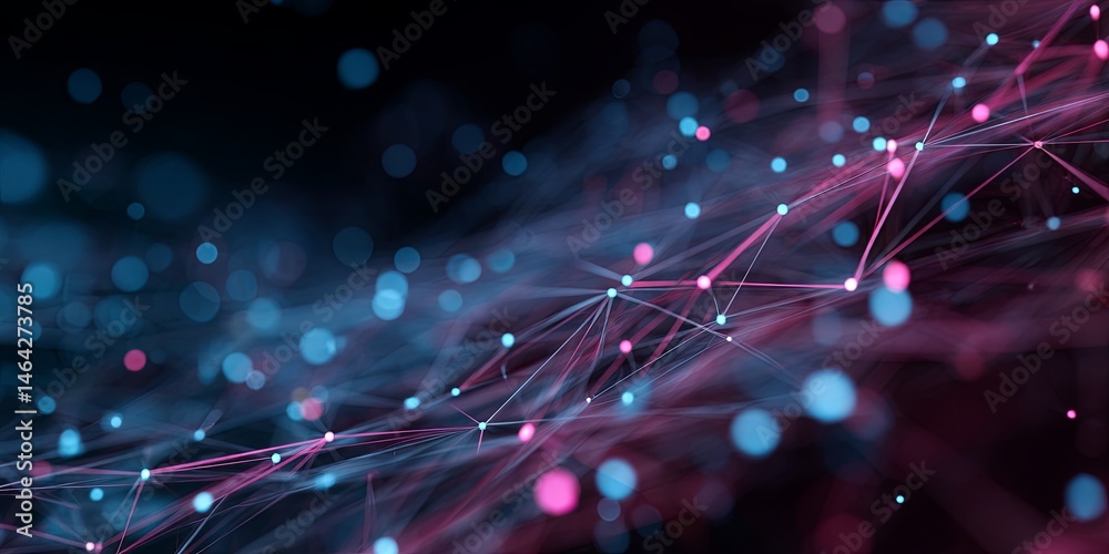 Poster Abstract digital network connections with glowing nodes and flowing lines in blue and pink colors for technology and innovation concepts