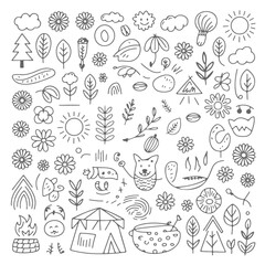 Set of outdoor themed doodle on white background. Hand drawn abstract doodle isolated on white background.