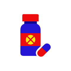 Red and blue medicine bottle with capsule, pharmaceutical product design, copy space