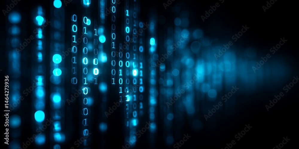 Aufkleber Abstract Binary Code Matrix in Blue with Glowing Digits and Blurred Background for Technology and Data Concept in Digital Design