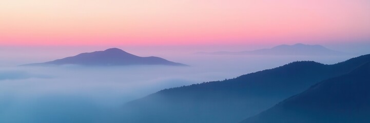 Fototapeta premium Silhouetted hills shrouded in thick fog, minimalist style , mountains, photo